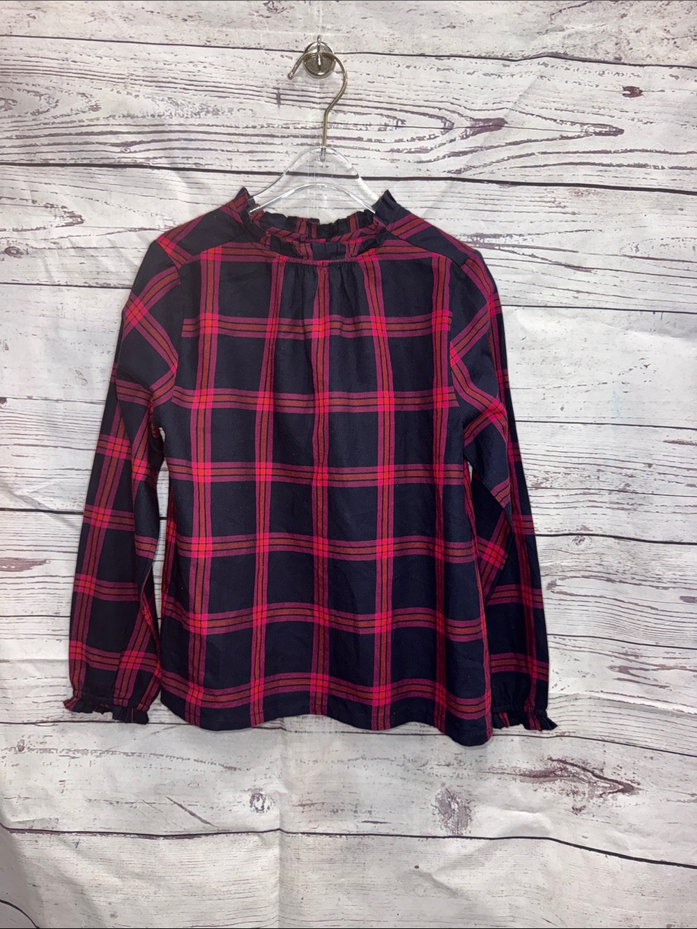 Jacadi Navy and Red Plaid Ruffled Neck Blouse Size 8